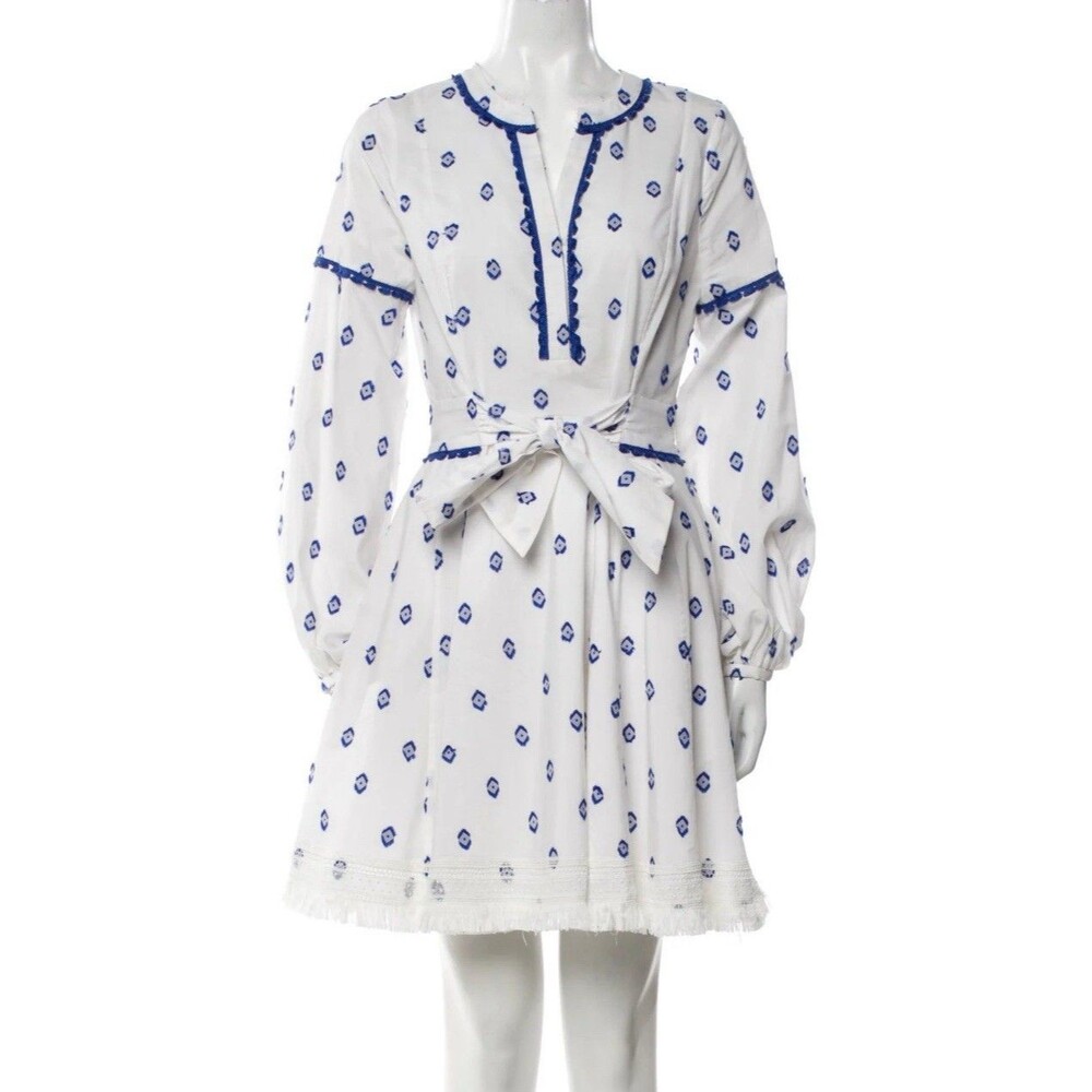 TANYA TAYLOR Blue White V Neck Embroidered Kentucky Derby Dress Sz 6 SM